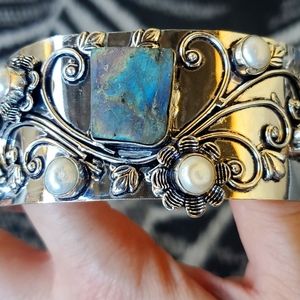 New Rough Labradorite & Pearl 925 Silver Butterflies Adjustable Cuff Bracelet.